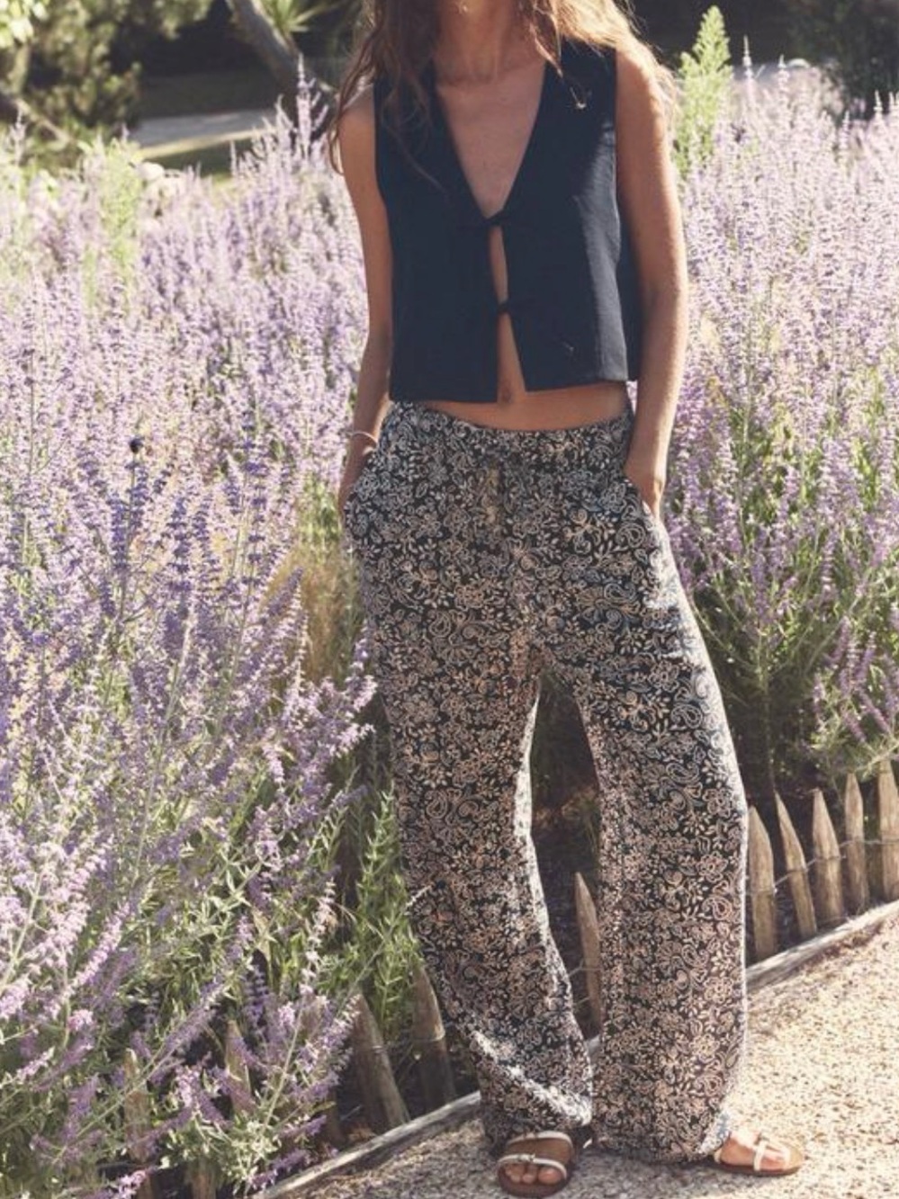 Zara Blue & Beige Printed Wide-Leg Pants